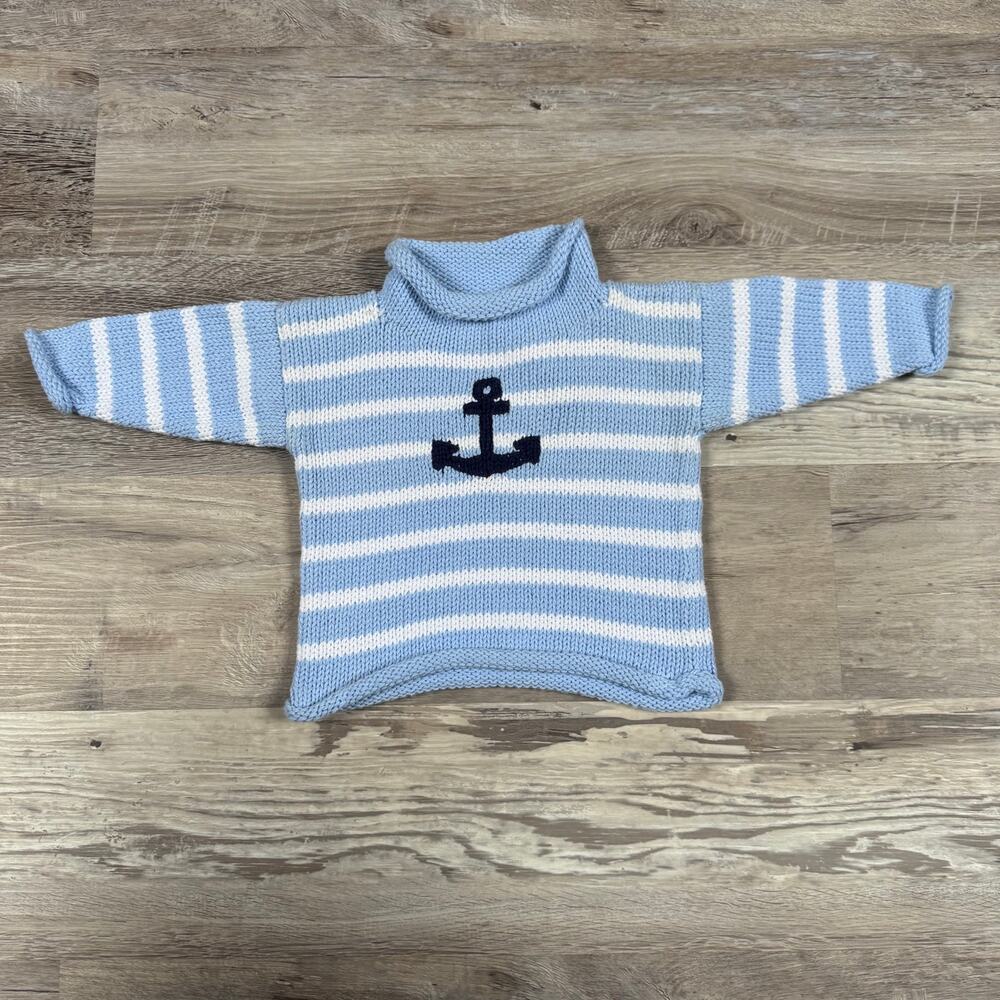Vintage Claver Baby Sweater Blue Stripe Anchor Knit Nautical Preppy